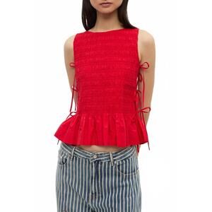 NEW GANNI cotton smock tie top in racing red